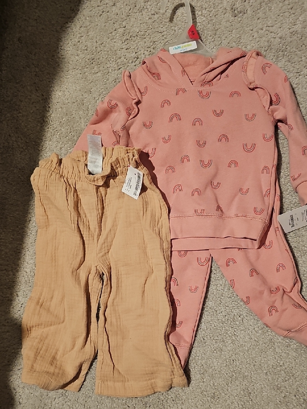 child of mine Pink Rainbow Hoodie with Tan Muslin Pants